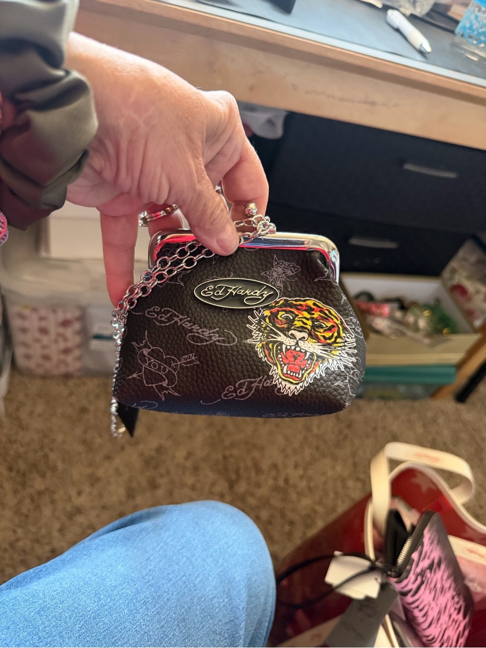Ed Hardy Black Mini Chain Crossbody with Colorful Tiger Patch